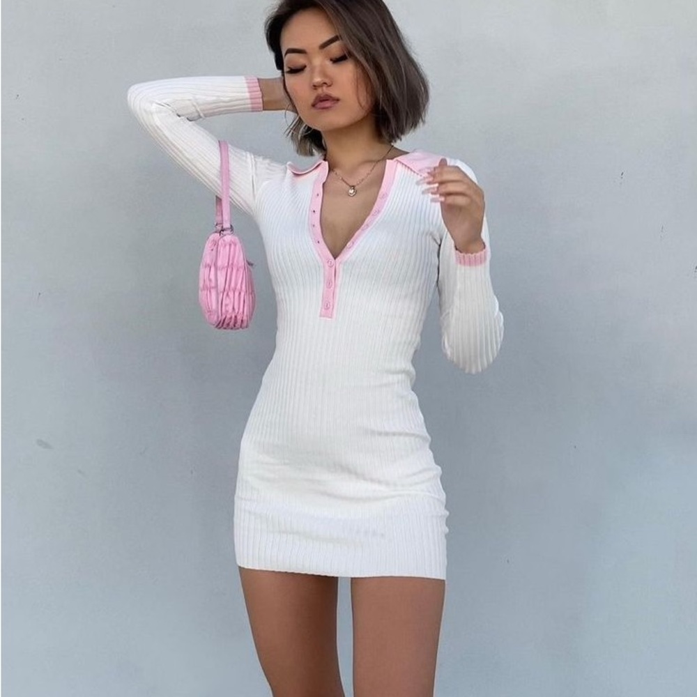 Princess Polly Lalani White & Pink Ribbed Sweater Dress
